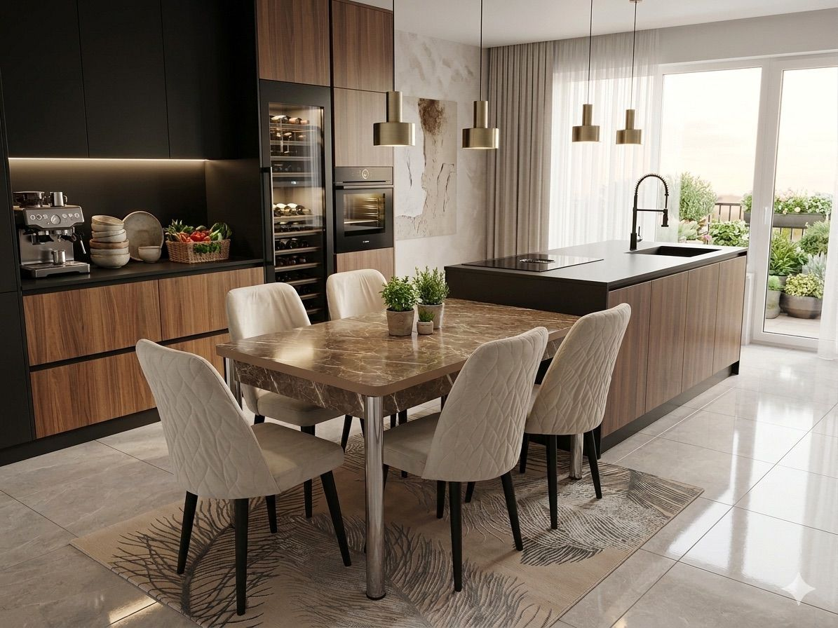 Eettafel met 6 Stoelen — Bruin Marmerlook