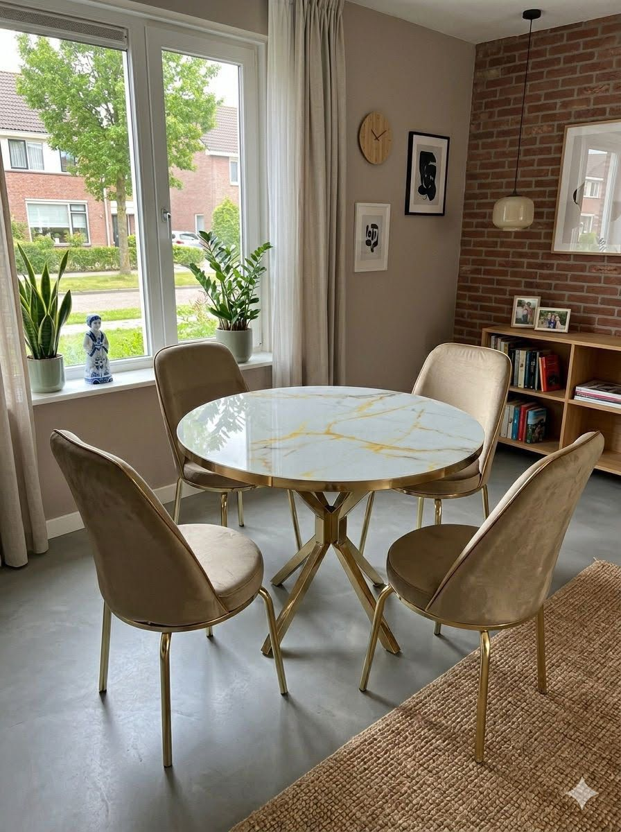 Ronde Eettafel met 4 Stoelen — Wit Goud