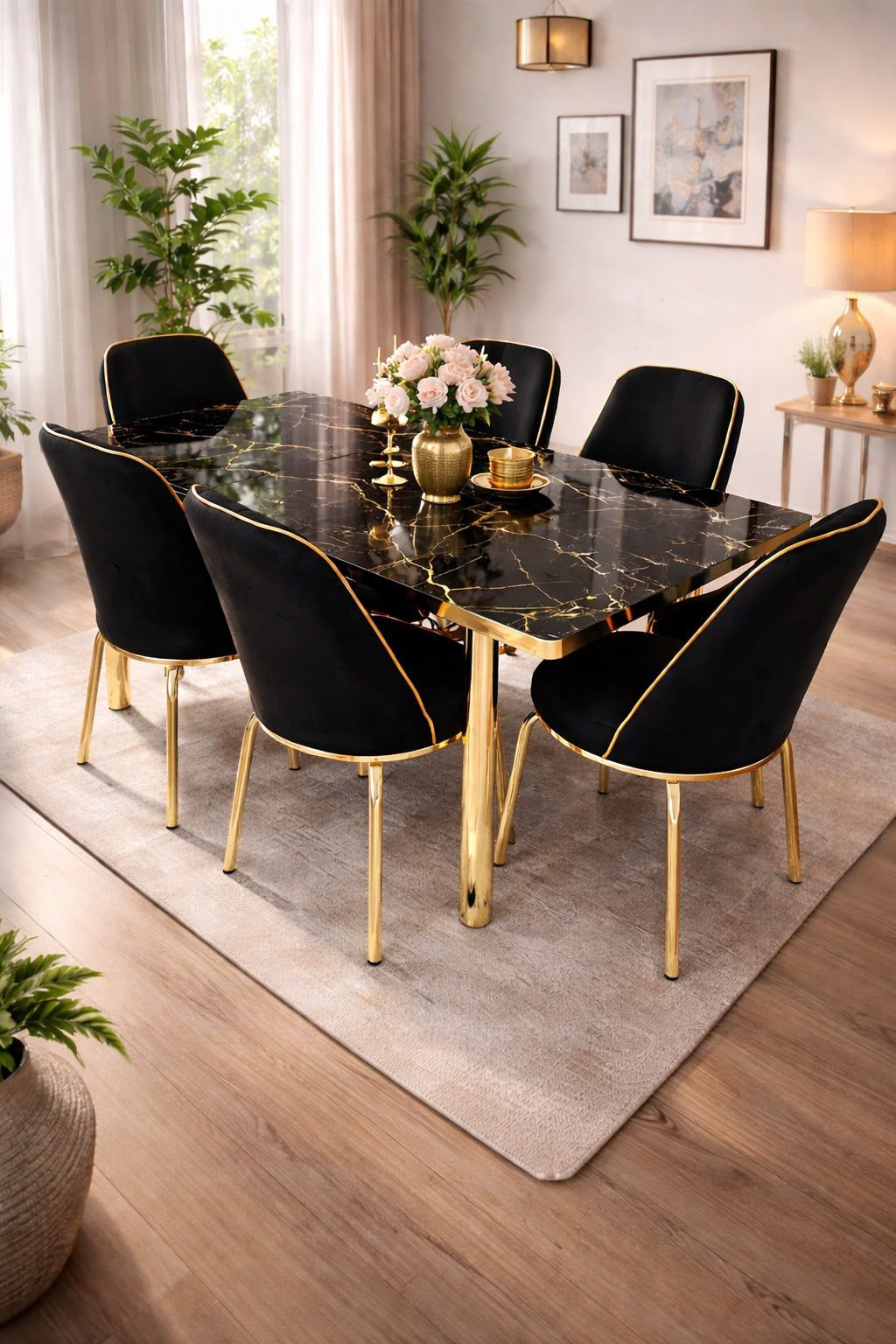 Eettafel met 6 Stoelen — Zwart Goud