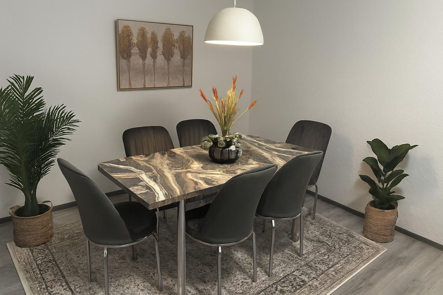 Eettafel met 6 Stoelen — Bruin Marmerlook met Antracieten Stoelen