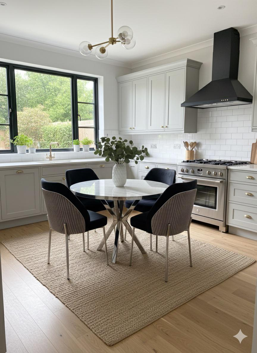 Ronde Eettafel met 4 Stoelen — Wit Marmer met Zwart-Taupe Stoelen
