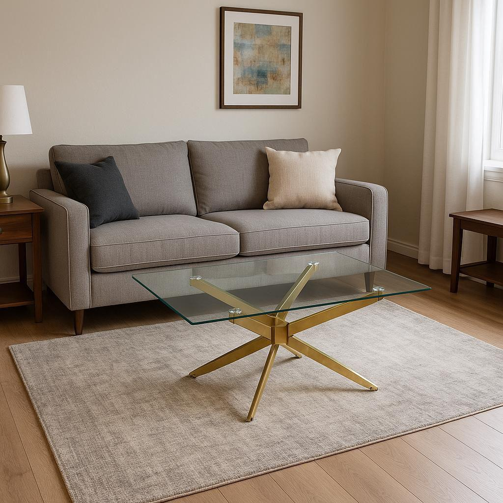 Salontafel Glas — Rechthoekig met Gouden Kruispoot