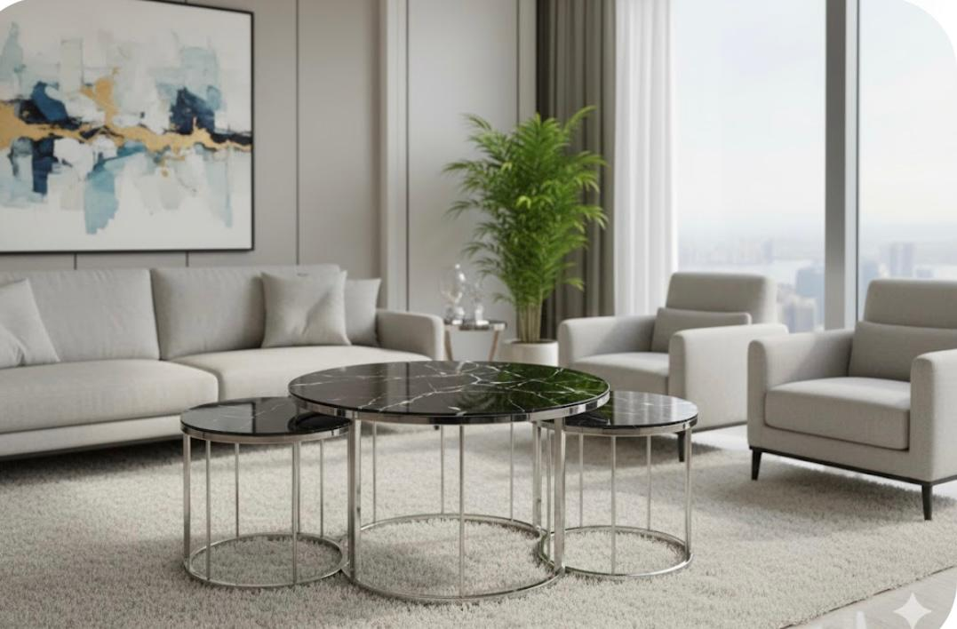 Salontafelset Zwart Marmer — 3-Delig, Chromen Frame