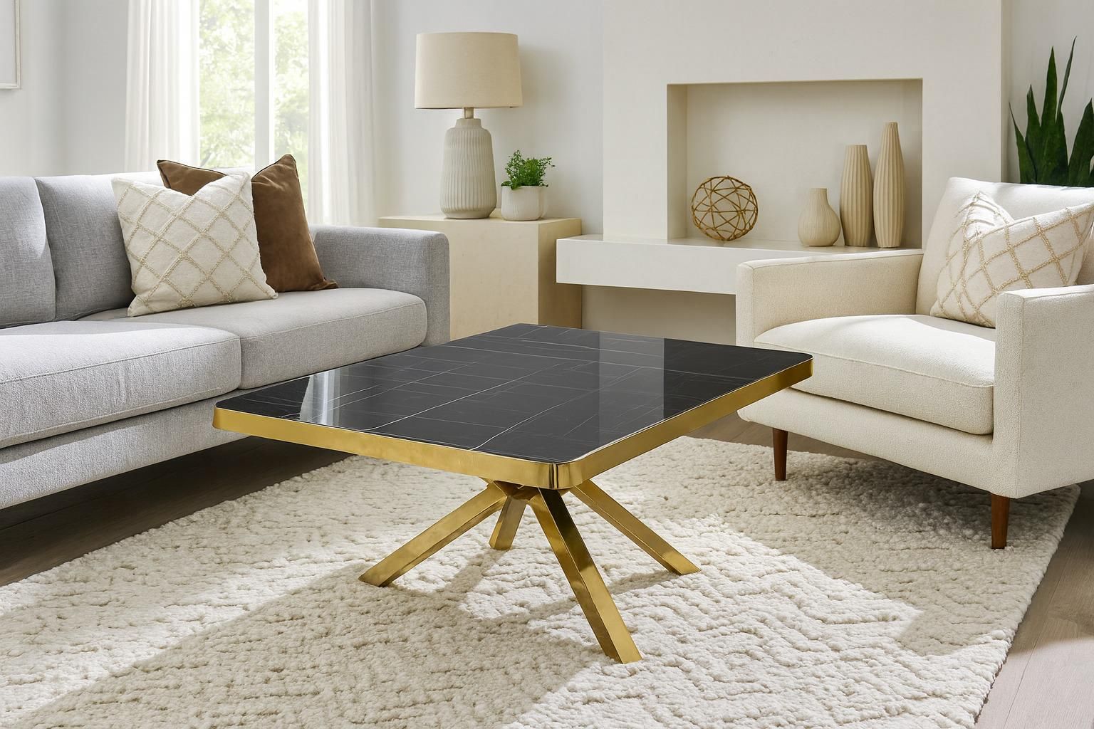Salontafel Vierkant — Zwart Marmer met Gouden Rand