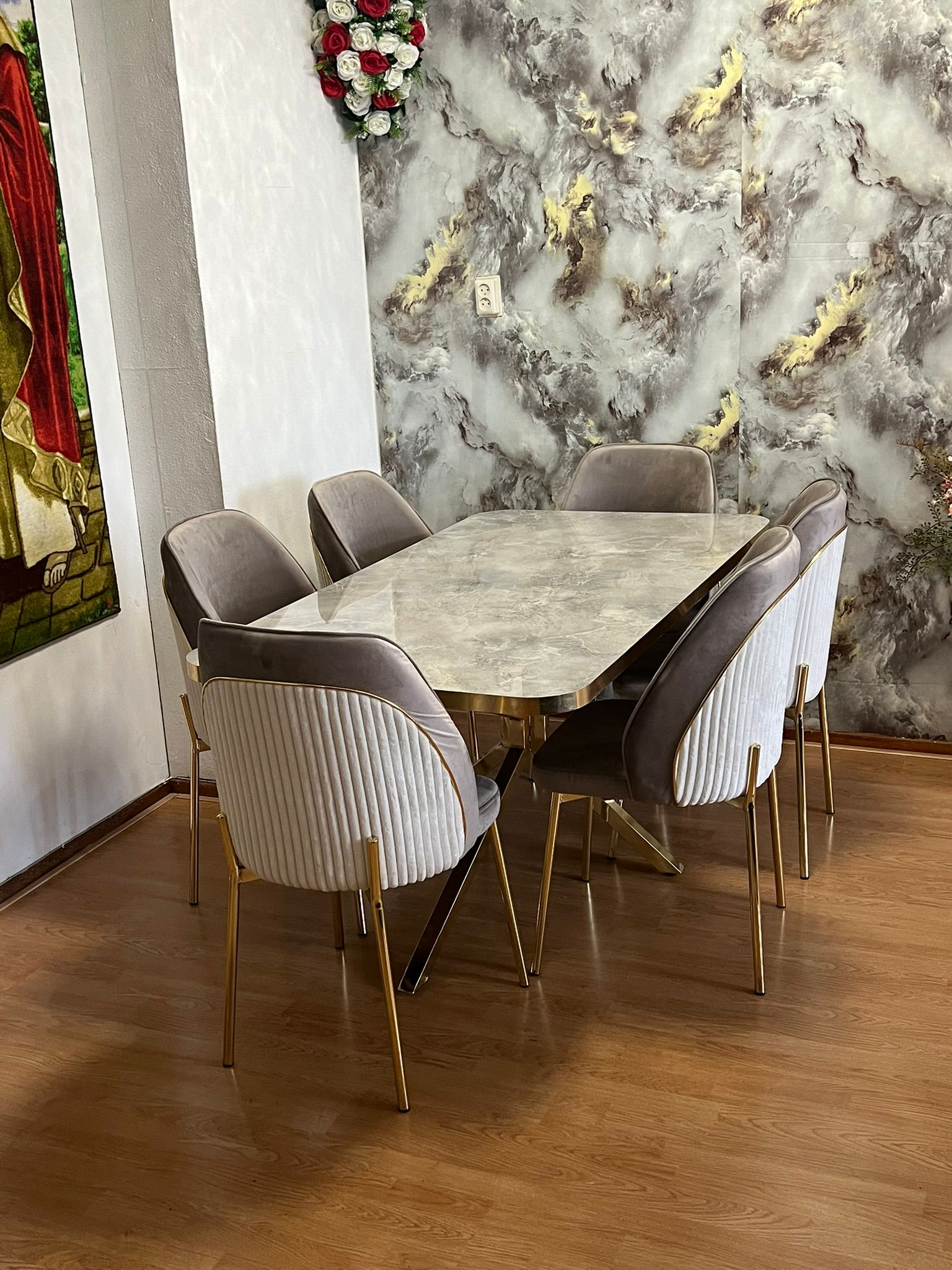 Eettafel met 6 Stoelen — Grijs Marmer Goud 160x90