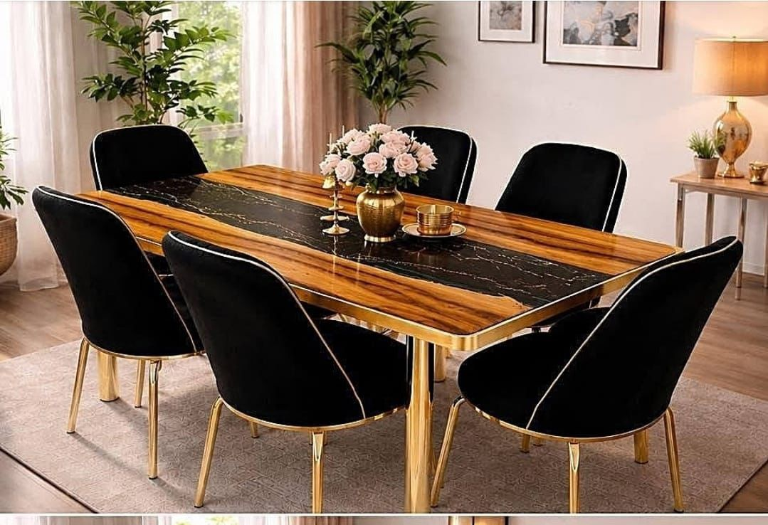 Uitschuifbare Eettafel met 6 Stoelen — Zwart Marmer Goud