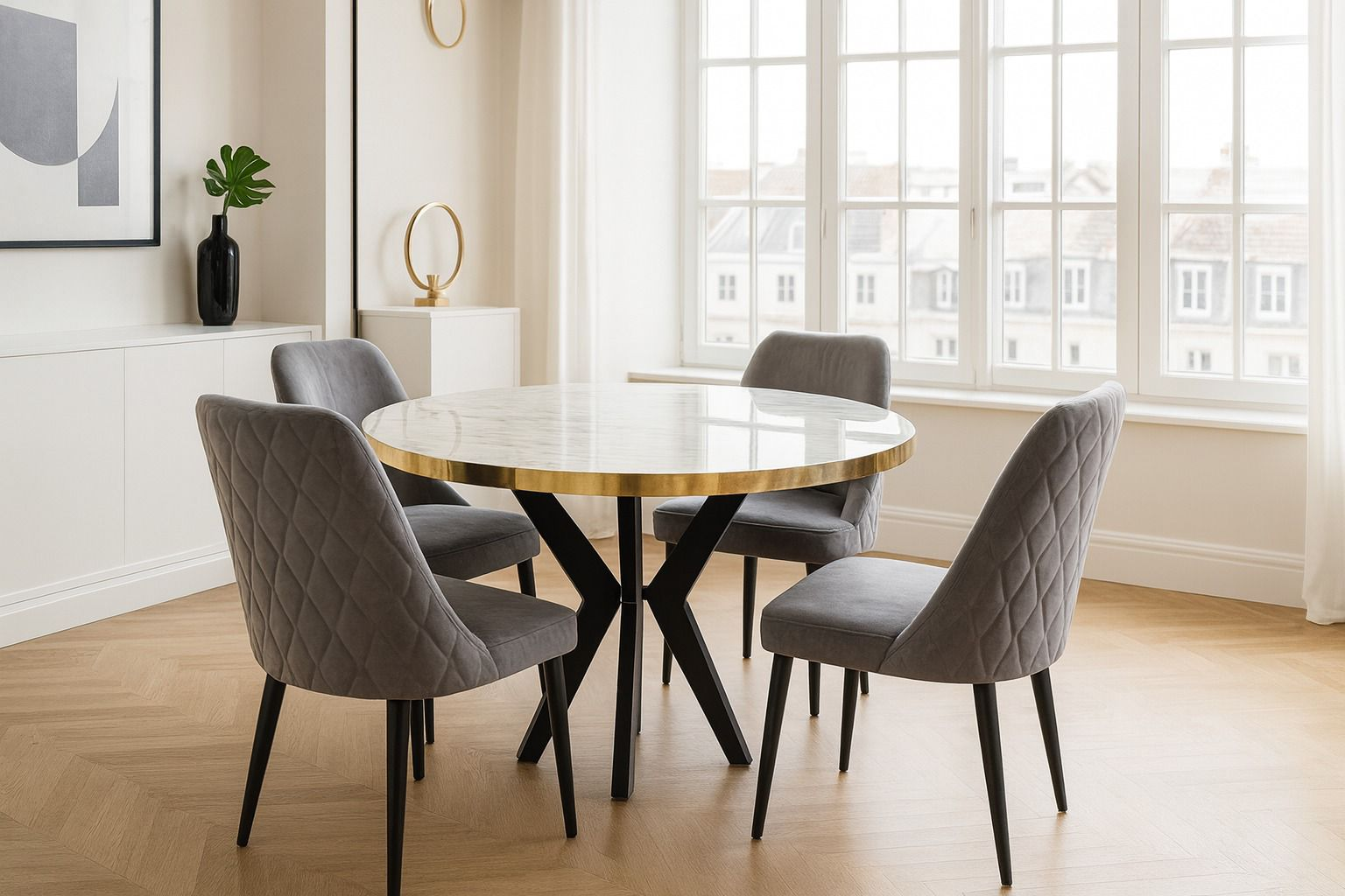 Ronde Eettafel met 4 Stoelen — Wit Marmer Goud, Ø107 cm